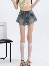 美式高街牛仔短裤女夏季2024新款小个子高腰显瘦辣妹做旧A字热裤
