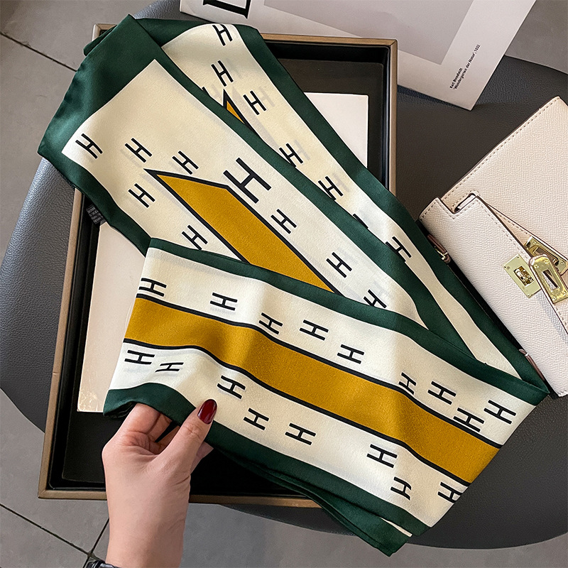 Women's Korean-Style Letter H-Striped Thin Small Scarf Boxer Double-Layer Silk-like Long Silk Scarf Ribbon Arm Bag