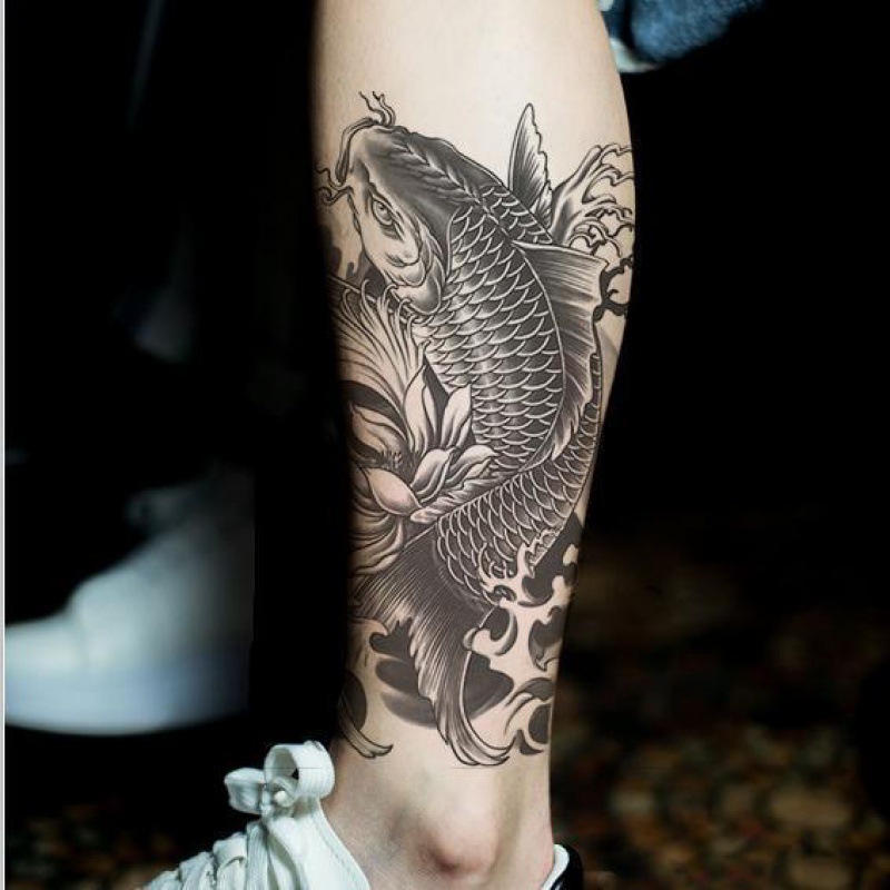 纹身贴发财锦鲤花臂花腿鲤鱼黑鱼贴纸男女持久刺青跨境速卖通