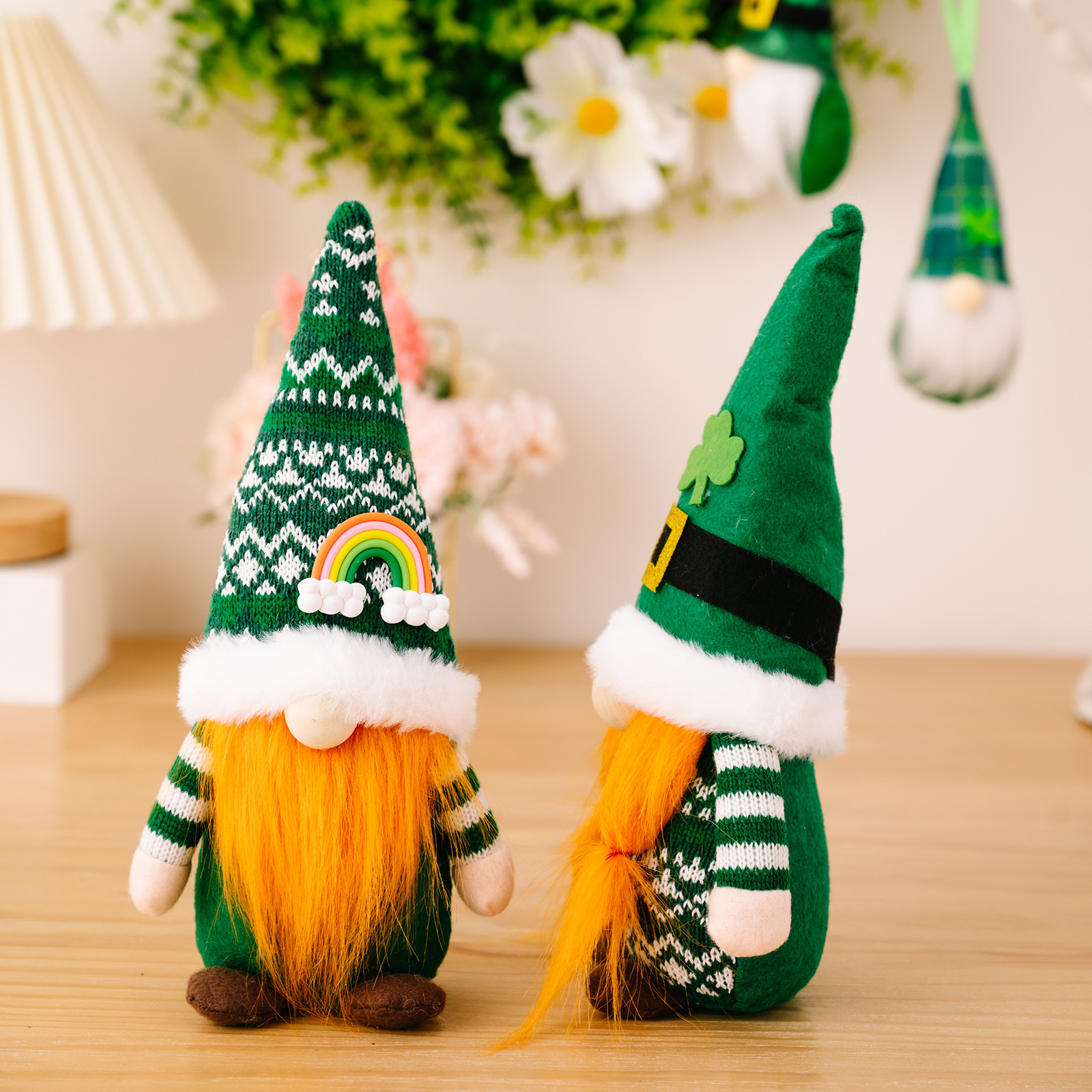 Cross-Border New Arrival St. Patrick's Day Knitted Pointed Hat Striped Hand Green Leaf Festival Faceless Doll Rudolph Wholesale