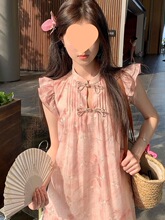 中国风小飞袖印花短款连衣裙晕染夏季新中式盘扣甜美娃娃上衣女炫