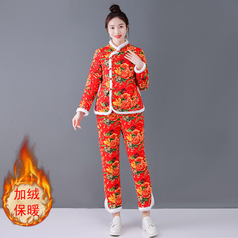 东北大花棉袄棉裤套装两件套女士冬季加绒保暖棉衣外套大码棉服女
