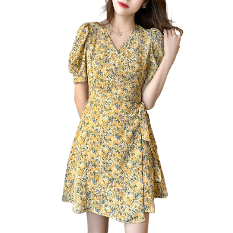 Dress Spring and Summer New 2022 Korean Style Super Fairy Waist Trimming Floral A- line Dress Ins Korean Women's Clothing Anti-Aging Dress