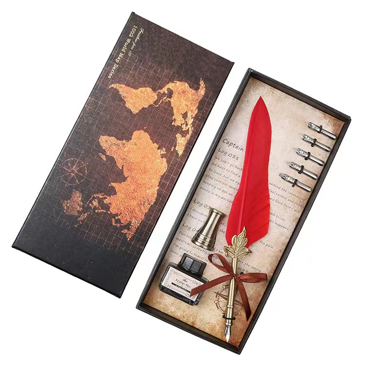 European Retro British Feather Pen Dipped in Water Pen Birthday Gift Box Creative Golden Leaf Modeling Ink Writing Brush Set