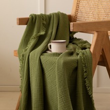 70YFA类墨绿褶皱流苏毛巾被夏季薄款纯棉四层纱布被子 柔软床单毛