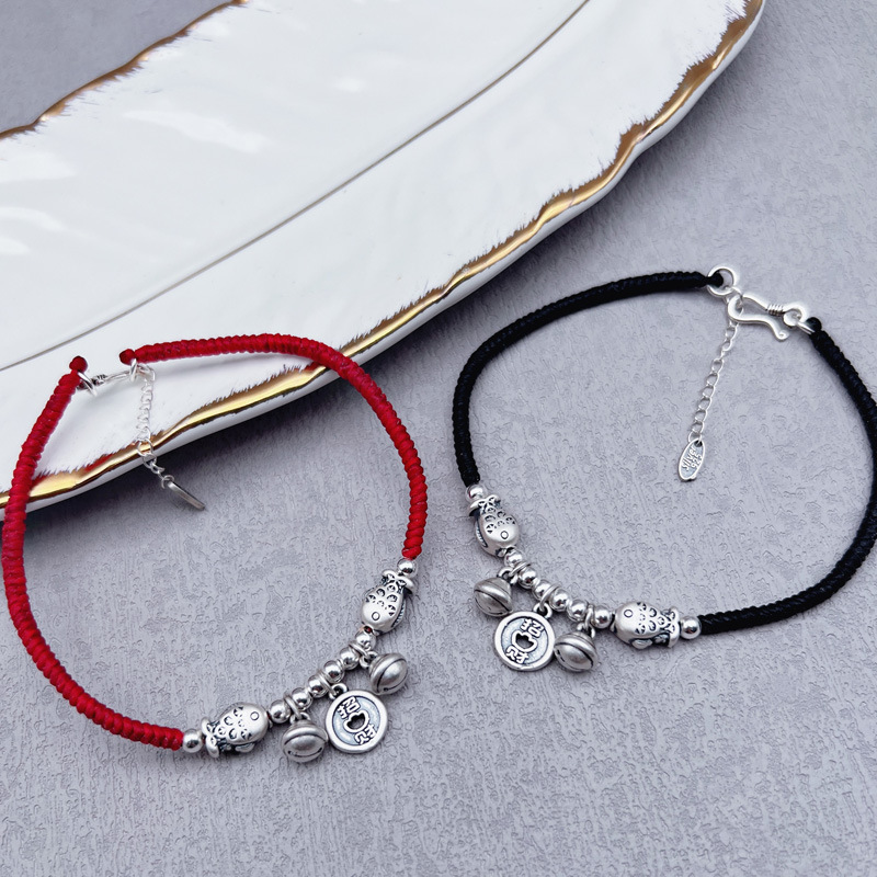 s925纯银本命年红绳脚链双鱼铃铛钱币脚饰国潮新中式手工编织饰品