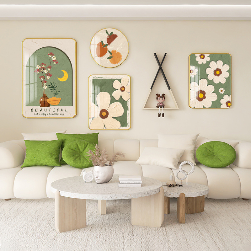 Nordic Style Living Room Decorative Painting Cream Style Flower Green Plant Warm Hanging Painting Modern Minimalist Sofa Background Wall Mural