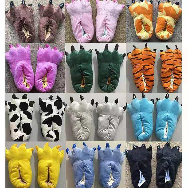 Autumn and Winter Male and Female Cute Cartoon Animal Cotton Shoes Dinosaur Paw Shoes Thickened Fleece-lined Package Root Home plus Size Slippers