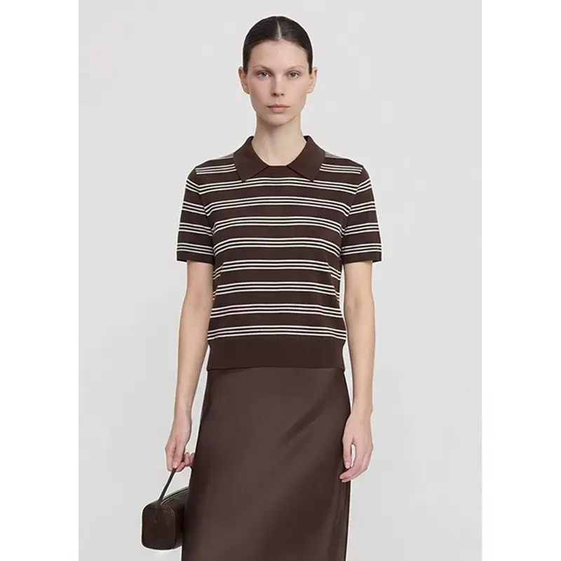 「白露」miu系条纹撞色翻领针织短袖Polo领正肩T恤上衣百搭针织衫