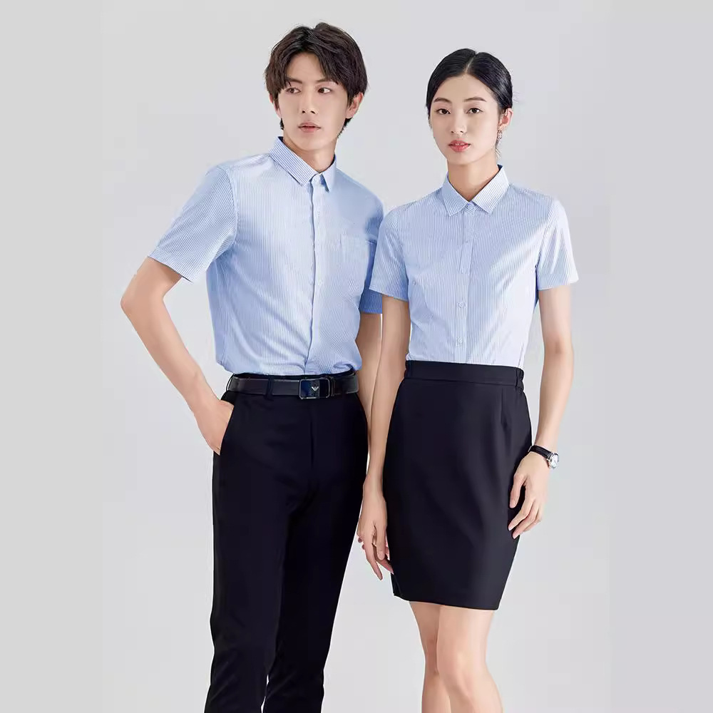 蓝色条纹短袖衬衫夏季男女同款职业银行工作服竹纤维衬衣正装工装