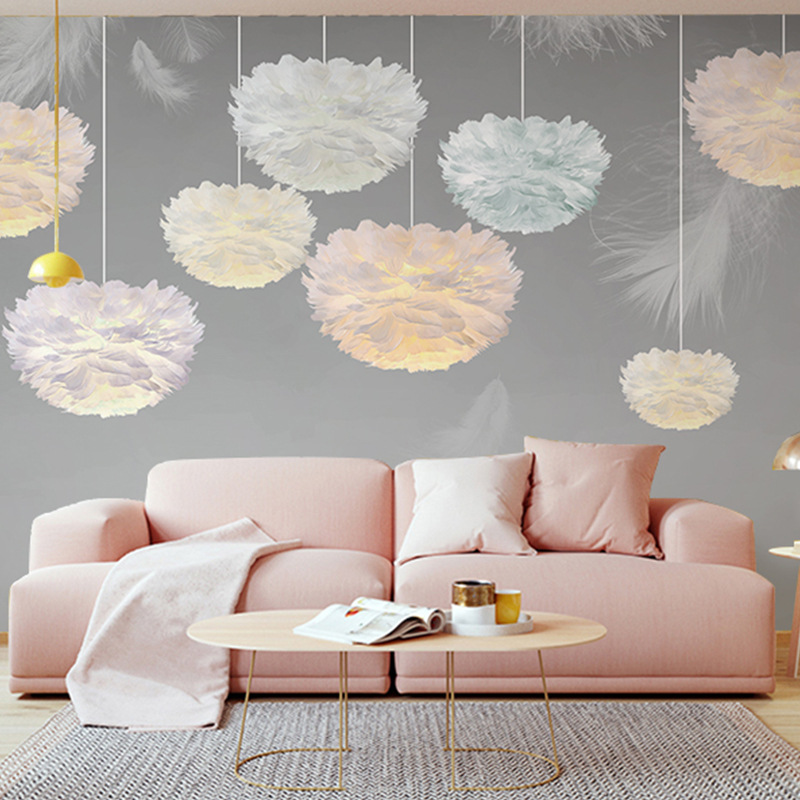 北欧卡通梦幻羽毛云朵墙纸儿童房女孩卧室壁纸直播拍照背景墙布