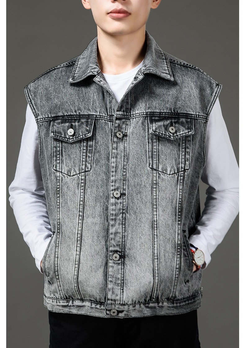 2022新品大码男装牛仔上衣马甲潮流翻领无袖坎肩开衫背心钓鱼褂子