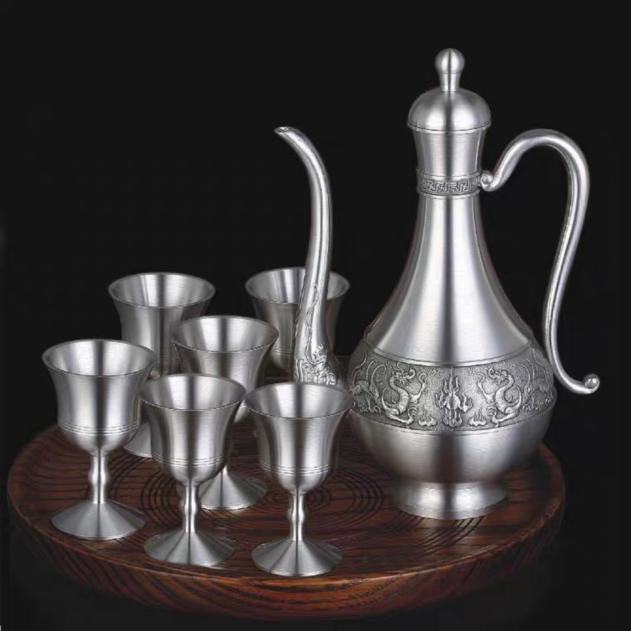 龙腾盛世锡酒具套装 锡壶纯锡高脚酒杯壶送长辈客户商务礼品