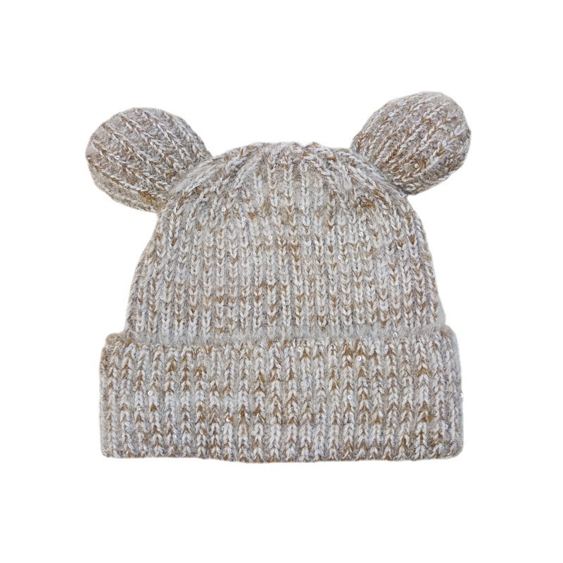 Korean Style Cute Ears Woolen Cap Autumn and Winter Sequins Knitted Hat Thickened Big Head Circumference Loose Face-Looking Small Warm Hat