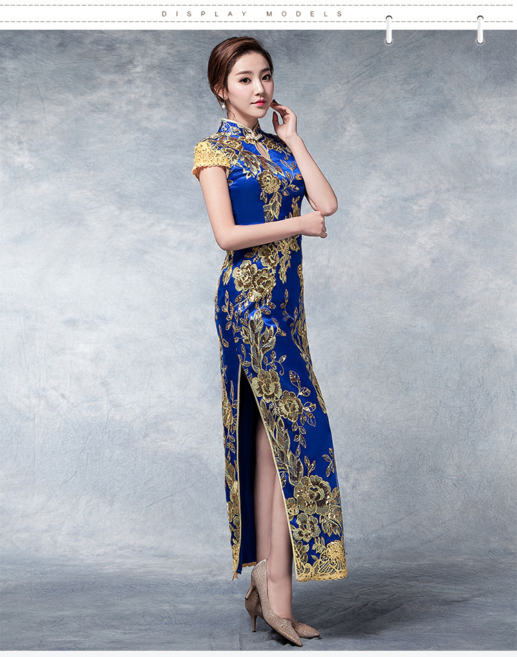 2022新款亮片蕾丝长款旗袍开叉改良复古旗袍中式礼服演出主持服