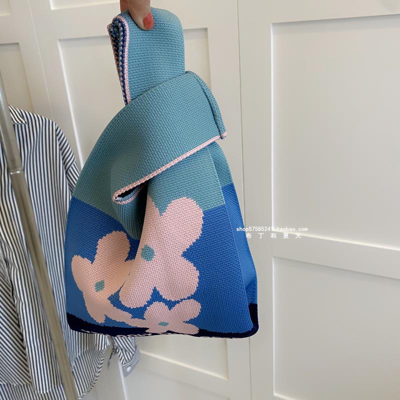Vest Bag Vest Bag Trend Knitting Hand Bag Handbag Bag Flower Chessboard Plaid Contrast Color Korean Ins Style