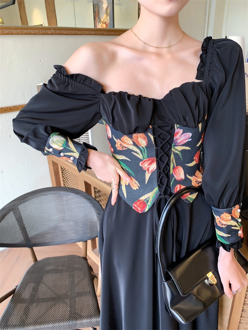 郁金香束腰裙子女中长款秋冬2020新款长袖收腰黑色连衣裙