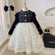 女童连衣裙洋气时髦生日裙黑色白色搭配绝美小裙子秋季秋款公主裙