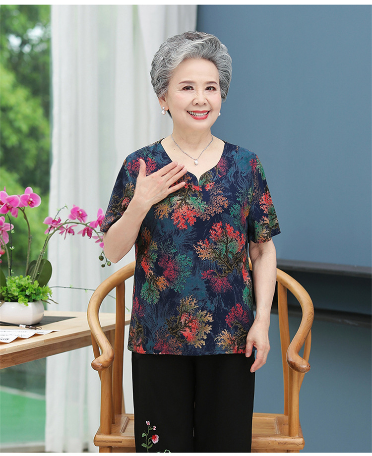 中老年人夏装女奶奶装纯棉绸套装60-70岁妈妈短袖t恤太太老人衣服