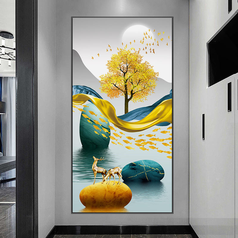 轻奢玄关装饰画入户门正对墙挂画客厅花卉晶瓷画走廊过道竖版挂画