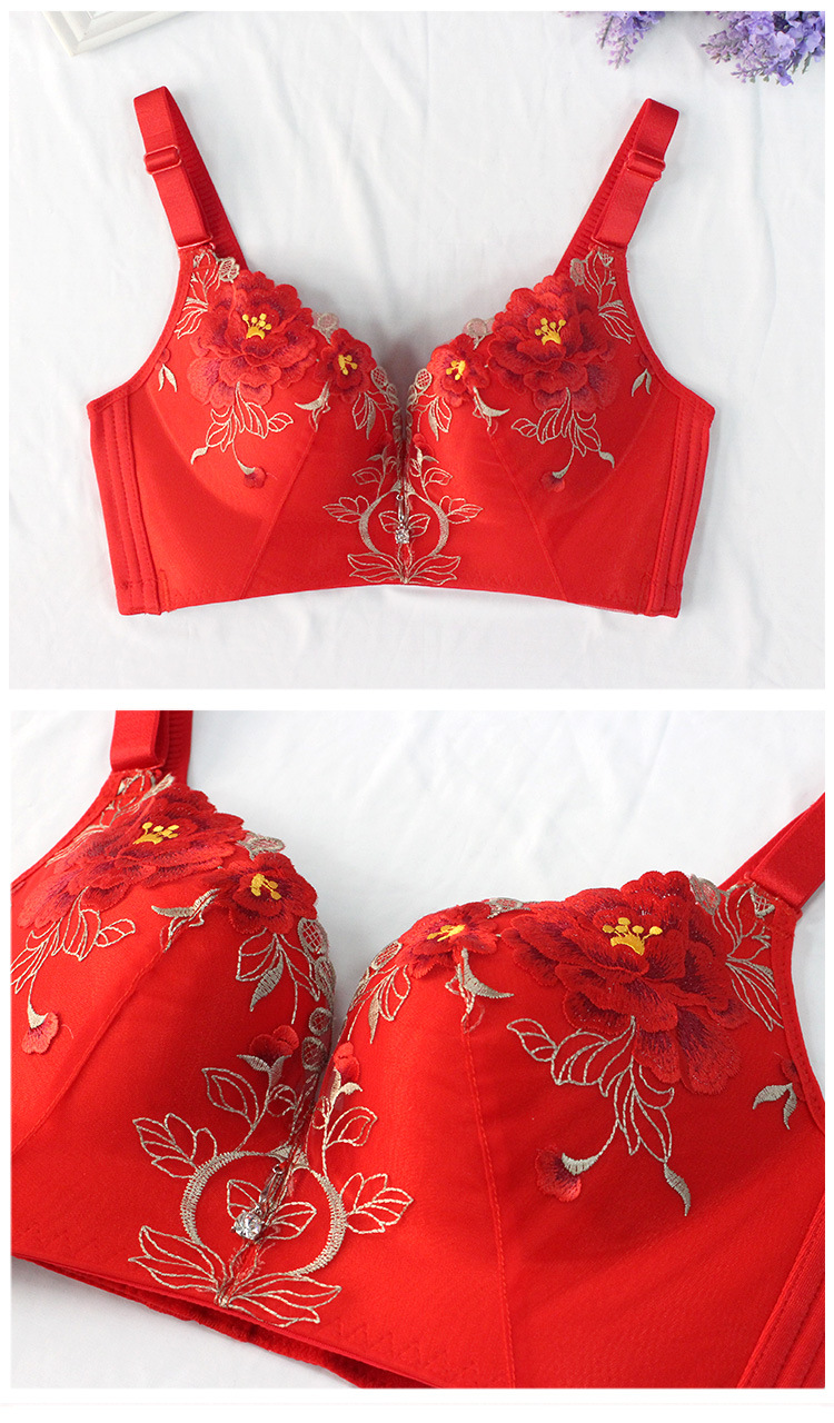 工厂定制无钢圈内衣小胸聚拢调整型文胸大红色结婚本命年刺绣胸罩