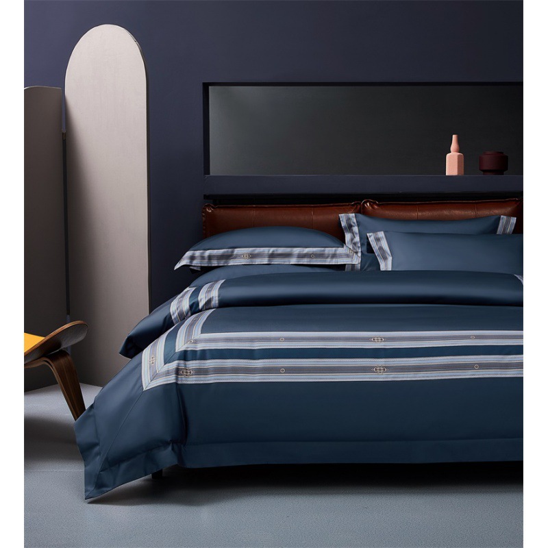 简约现代140支埃及长绒棉四件套拼角印花全贡缎裸 睡床上用品