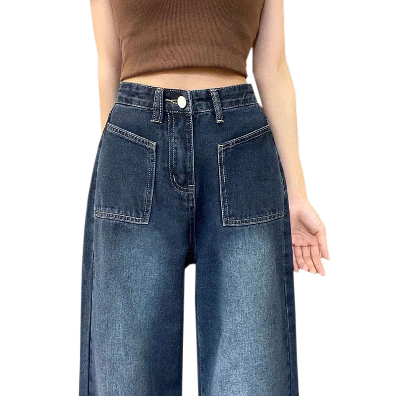   New Blue Gray American Wide eg Jeans Women's Big Pocket Straight High Waist Small Pear Shapes Mop Pants Women