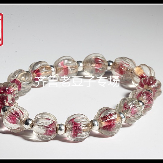 清末老琉璃珠子12mm金红水晶套料琉璃瓜纹珠灯笼珠瓜棱珠子金华