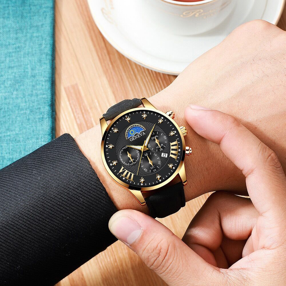 新款大卖日月星辰男士皮带手表时尚潮流假三眼日历石英表男款代发