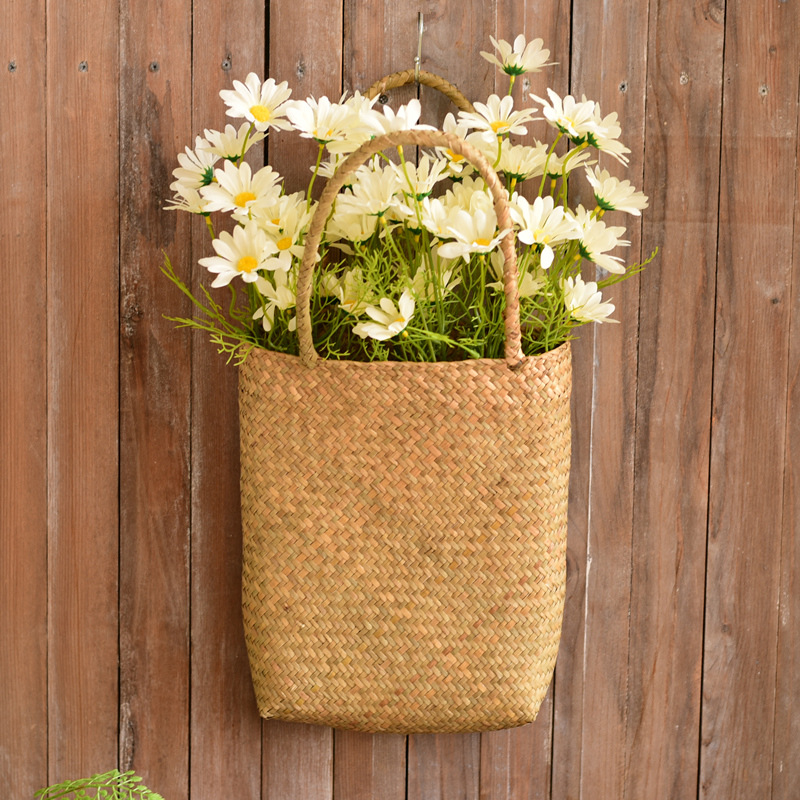 田园草编花篮手提编织篮子 ins家居墙面装饰挂花篮干花插花藤编筐