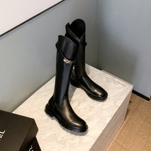 骑士靴女2021秋新款平底高筒靴皮带扣及膝长靴