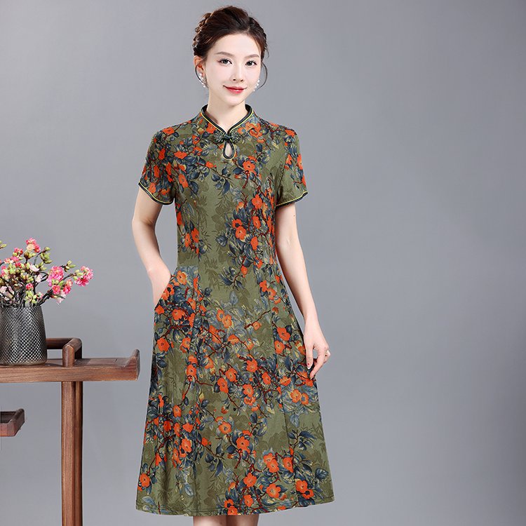 2023 Summer New Dress Large Swing Dress Middle-Aged and Elderly Women's Clothing Mother's Short Sleeve Floral Improved Cheongsam Dress