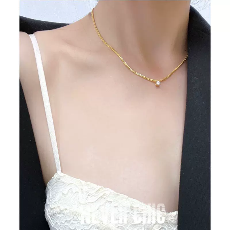 黄铜镀真金 跨境饰品磨棱链BLING单颗锆石项链百搭饰品女高级感