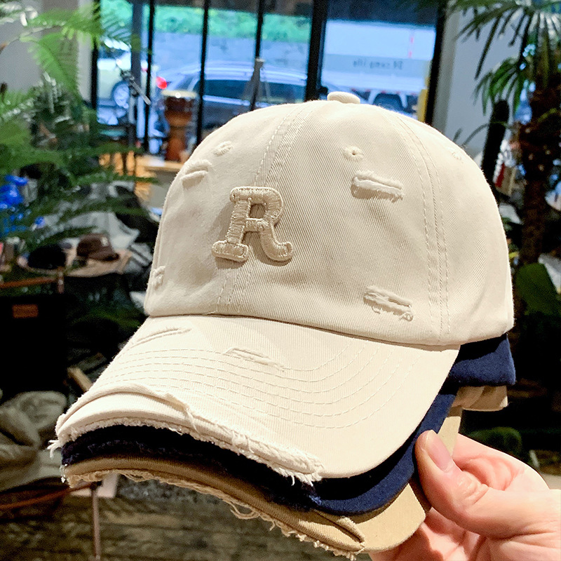 2023 New Water Washed Hole R Standard Baseball Cap Men‘s Summer Trendy Distressed Spring and Autumn Sun Protection Peaked Cap