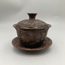 仿古铜龙凤呈祥盖碗古玩收藏铜器摆设客厅茶桌茶具茶碗茶盏摆件