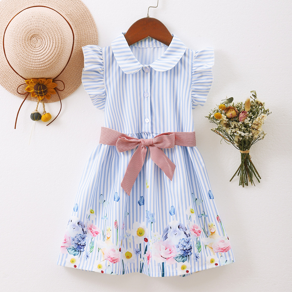 女童连衣裙小清新娃娃领可爱女孩连衣裙条纹连衣裙附蝴蝶结腰带