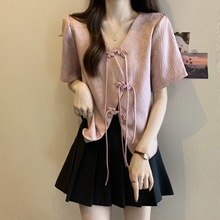 新中式国风盘扣粉色短袖衬衫女夏季大码胖mm显瘦V领气质独特上衣