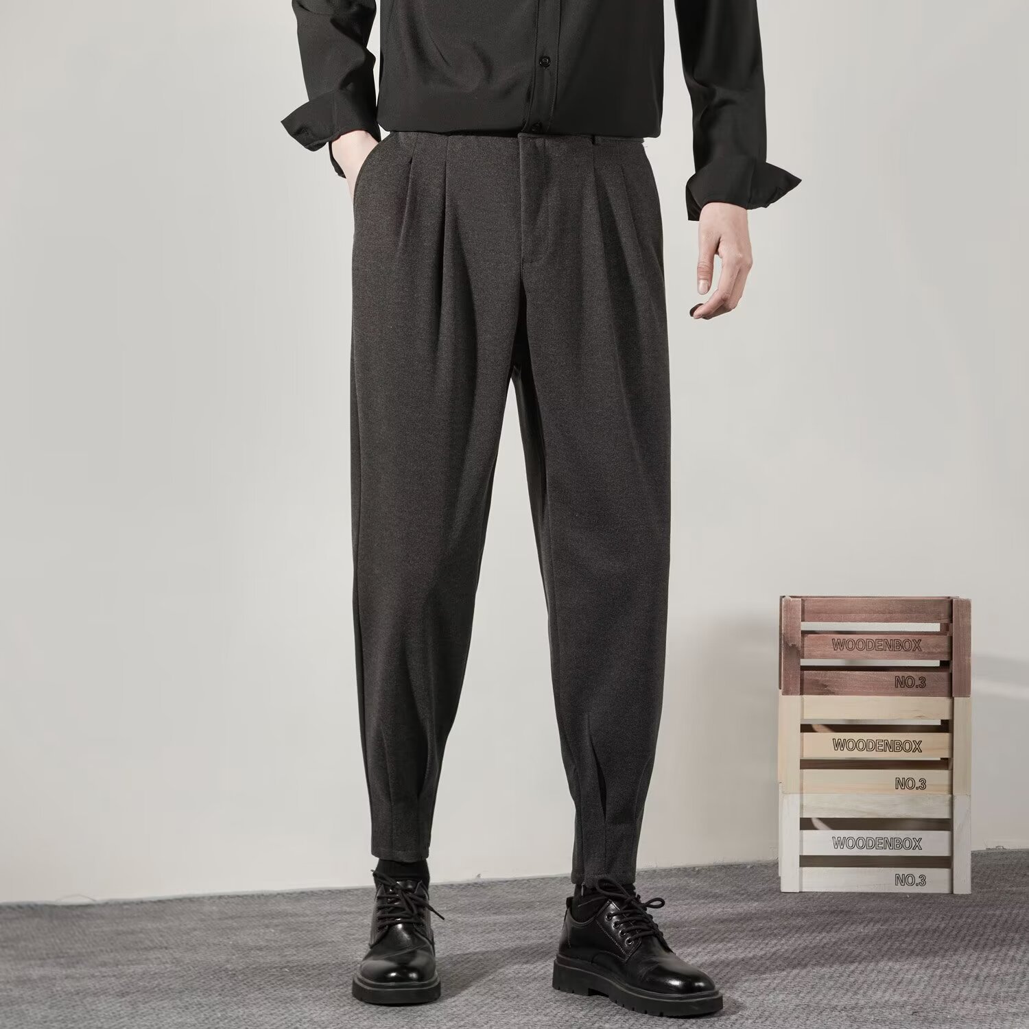 裤子男春秋西装裤靴裤工装休闲裤宽松痞帅搭配马丁靴毛呢裤子潮流