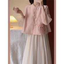 新中式甜美粉色国风改良汉服衬衫夏季女装显瘦a字半身裙两件套葵
