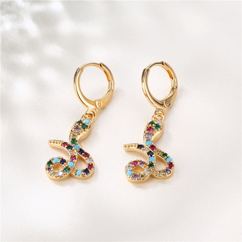 Europe and America Cross Border Trendy Snake-Shaped Earrings for Women Cross-Border Copper Plating 18K Gold Micro Color Zircon Fashion Simulated Snakes Earrings