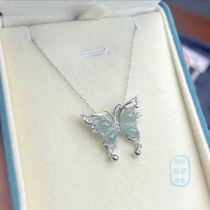 新中式天然翡翠a货危地马拉蝴蝶流苏吊坠戒指小众设计感s925银链