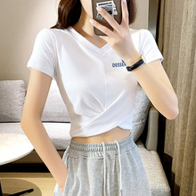 白色v领t恤女短袖夏装印花设计感小众紧身高腰露脐体恤小个子短款