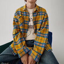 2023新款春秋黄色格子长袖衬衫美式复古宽松情侣休闲外套男女男生