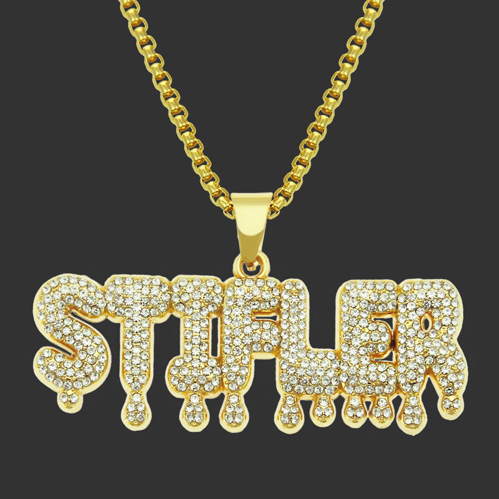 欧美hiphop嘻哈满钻字母吊坠项链 个性创意水滴潮牌项链毛衣链