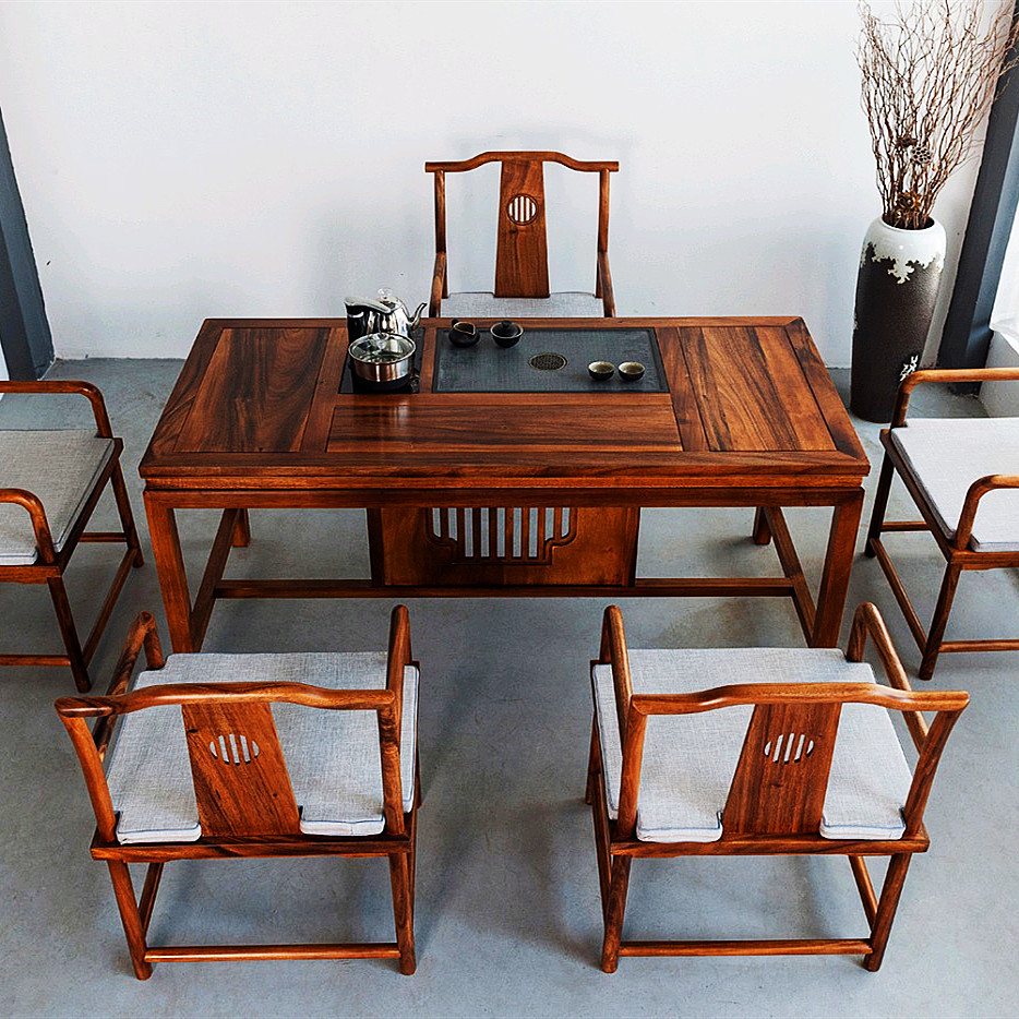 新中式茶桌椅组合实木功夫泡茶台南美黑胡桃禅意喝茶桌办公室茶几