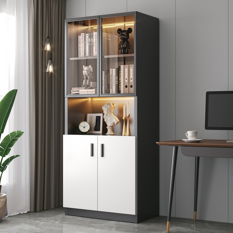 防尘书柜带门置物柜书架带玻璃门展示柜收纳柜黑色柜子储物柜落地