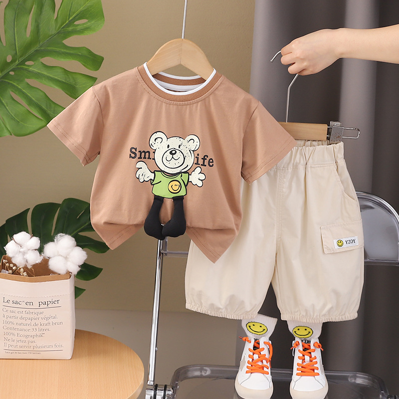 Little Barong Children's Clothing 2024 Summer New Short-Sleeved Shorts Two-Piece Boys' Cartoon Bear Casual Summer Set