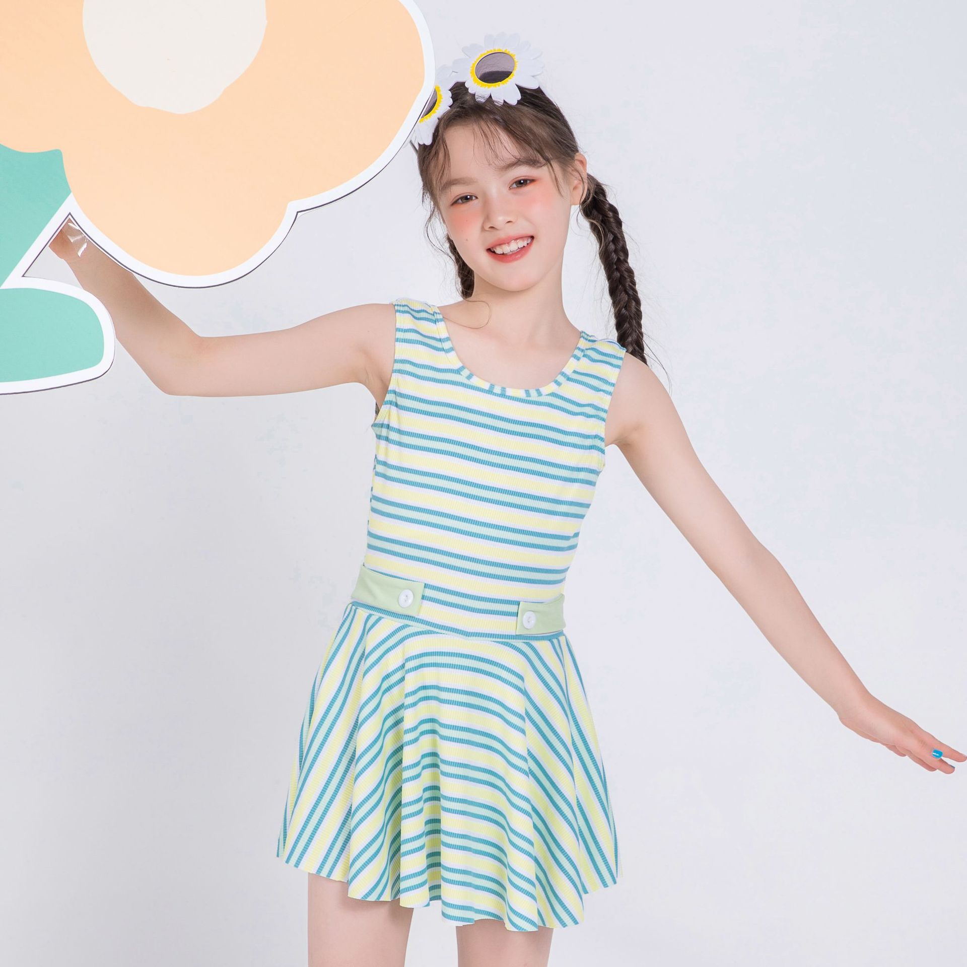 2022新款儿童连体平角泳衣女童大童保守裙式温泉度假可爱宝宝泳装