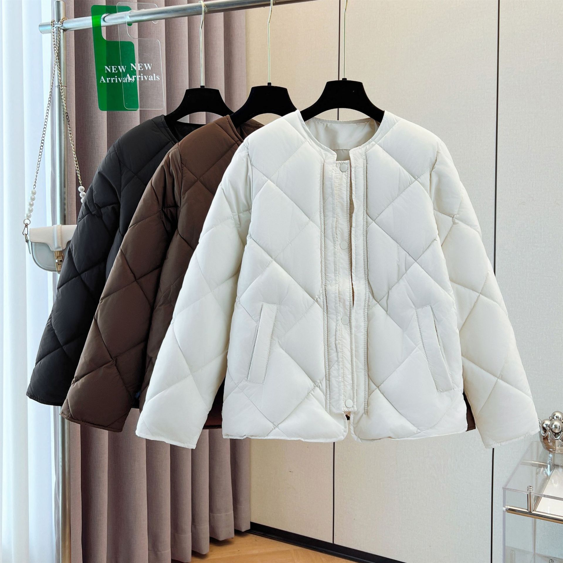 2025冬季新款菱格棉服女短款面包服门襟羽绒棉衣无领棉袄外贸直播