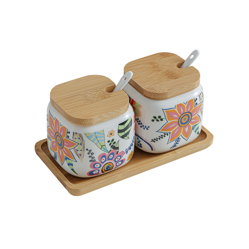 Japanese-Style Kitchen Frosted Seasoning Jar Set Love of Butterfly Ceramic Household Combination Seasoning Box Salt and Sugar Spice Jar